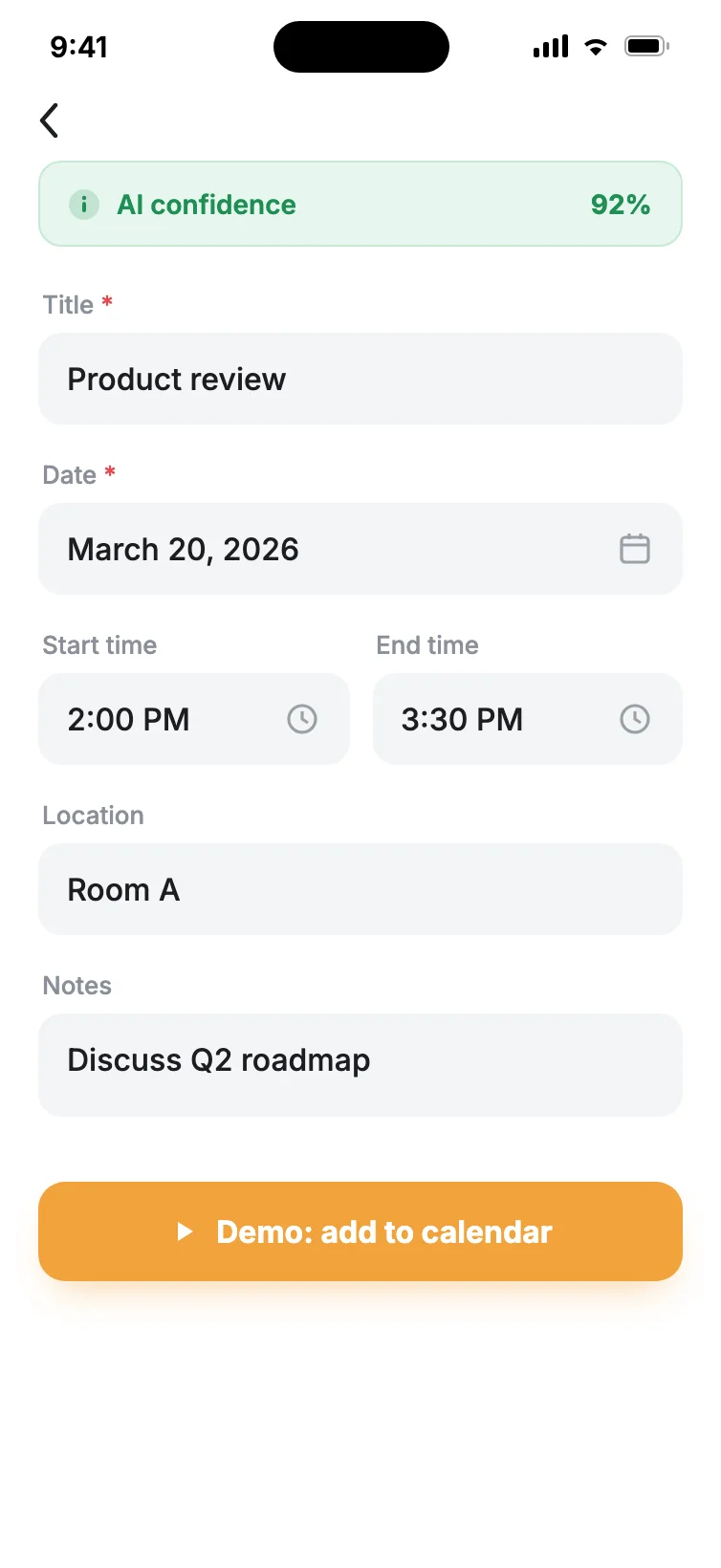 SnapCal result screen: AI parsed a meeting screenshot into title, date 2026-03-20, time 14:00–15:30, location and a 92% confidence badge